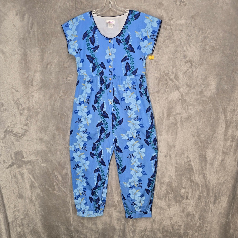 Amy Lee Jumpsuit Women XS Blue Floral Hibiscus Aloha Cotton Blend Pockets Romper